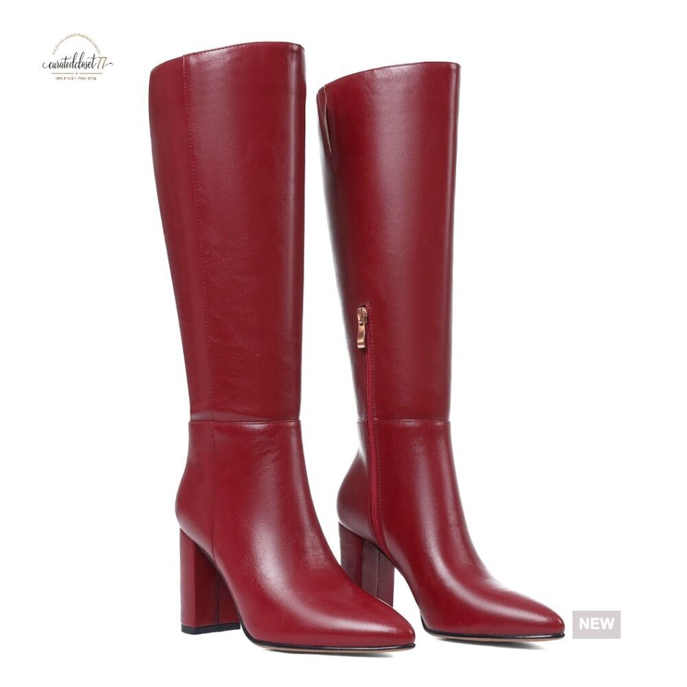 Knee High Boots Chunky Heel Wide Calf Pointed Toe Zipper Dress Shoes